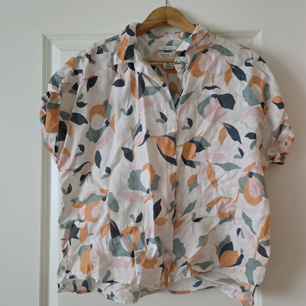 Rachel Zoe 100% Linen Button Up Collared Short Sleeve Womens Size M Floral